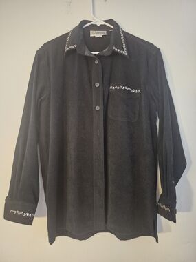CHRISTINE ALEXANDER M Black Button-Up Shirt Blouse Rhinestones Trim Long Sleeve